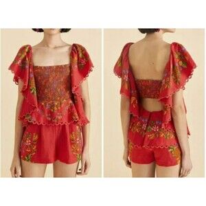 Farm Rio Romper Women's XL Red Tropical Romance Ruffle Smocked Linen Blend NWT